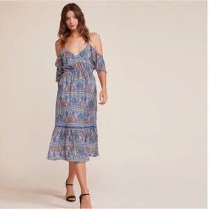 BB Dakota Marrakesh Express True Blue Dynasty Blue Paisley Midi OTS Dress XS NEW